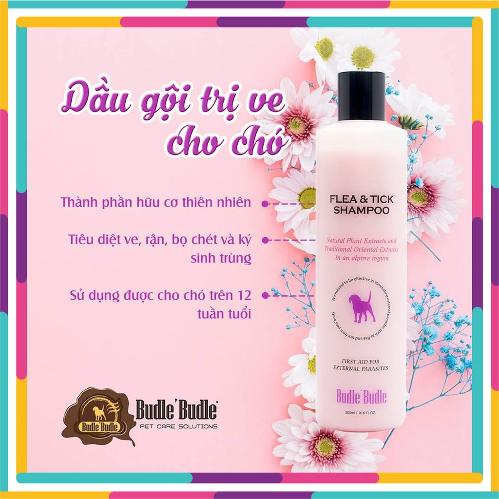 Sữa Tắm Ngừa Ve Rận Thảo Dược Cho Chó Budle Flea &amp; Tick (300ml)