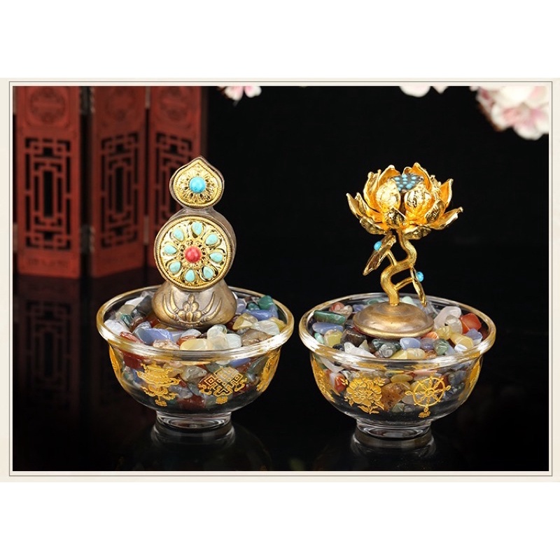 Chén pha lê Bát Kiết Tường cúng nước và 8 món cúng dường