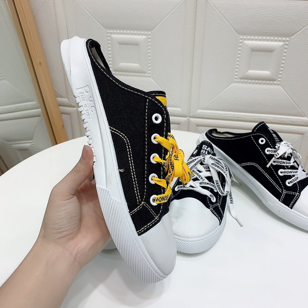 1F02 Giày Sục nữ cá tính thể thao dây in chữ giày sneaker dép đi học sục nữ giày thể thao nữ trắng