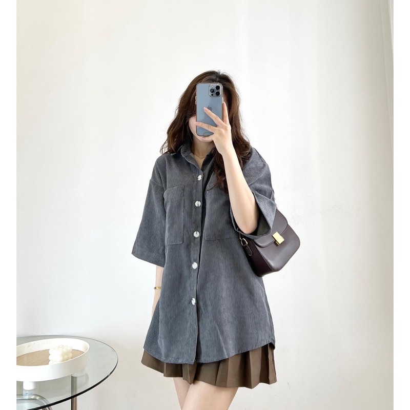 Áo sơ mi nhung tăm to cộc tay, Áo sơ mi ngắn tay freesize- Miho hous, oversize form rộng
