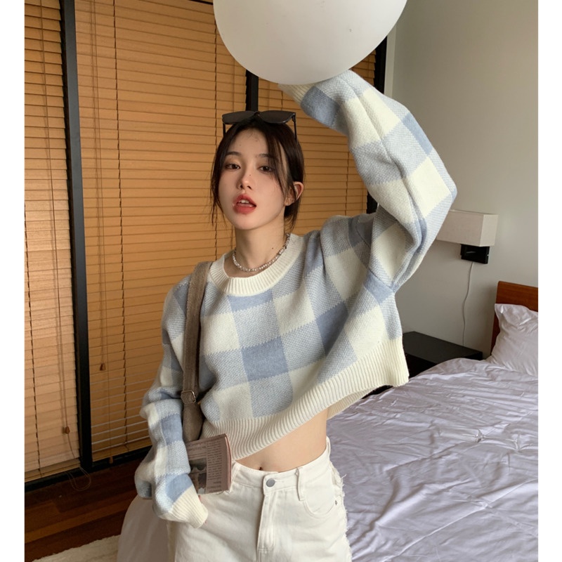 Áo lửng tay dài cổ tròn họa tiết sọc caro phong cách mới cho nữ