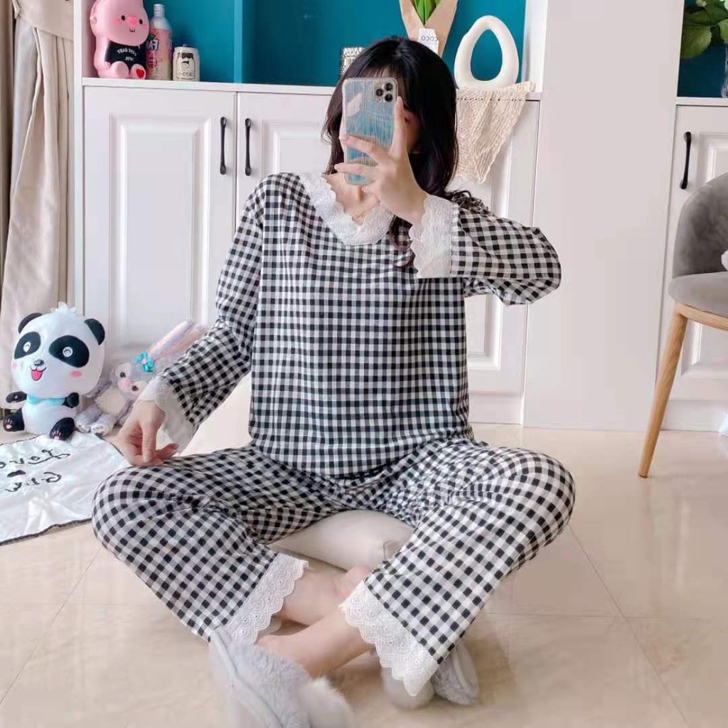 Bộ Đồ Ngủ Tay Dài Dáng Rộng Phối Ren Hoa Văn Kẻ Ô Plus Size Thời Trang Mùa Thu 2022