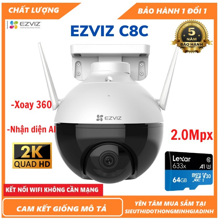 Camera Wifi - Camera IP EZVIZ C8C 2.0Mpx Full HD,Xoay 360,Nhận Diện Khuôn Mặt AI,Xem Đêm Có Màu - Phiên Bản Quốc Tế