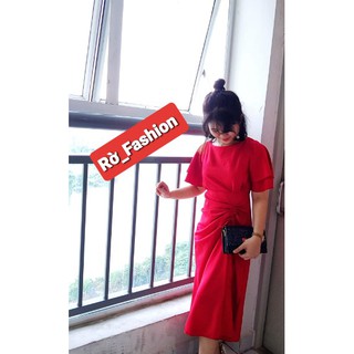 Đầm đi tiệc đỏ rút nơ eo HÌNH THẬT
