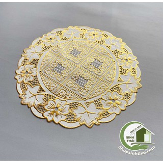 Tấm lót bình lọ hoa hình TRÒN VÀNG LỚN 37cm - lót bình trà, lót ly, lót trang trí chén dĩa, bằng nhựa, ren hoa nổi