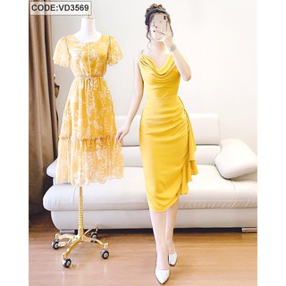 Đầm lụa cổ đổ bèo eo_Hàng Thiết Kế