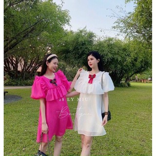 Đầm babydoll trắng hồng voan bèo vai tay phồng