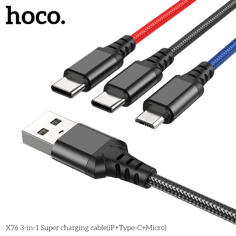 Dây cáp sạc đa năng Hoco X76 3 đầu IP Micro TypeC hỗ trợ dòng điện 2A bọc dù dài 1 mét
