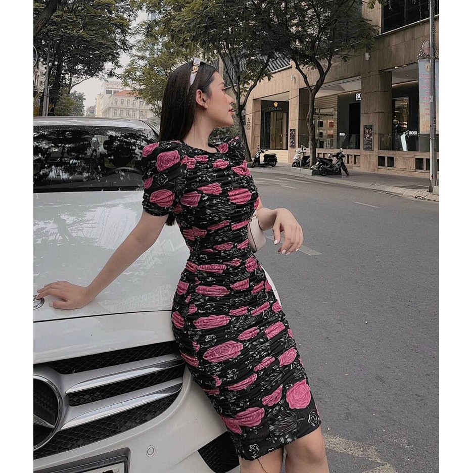 [Đầm Mới] Đầm Ôm Body Cổ Tròn Nhún Thân Họa Tiết Hoa
