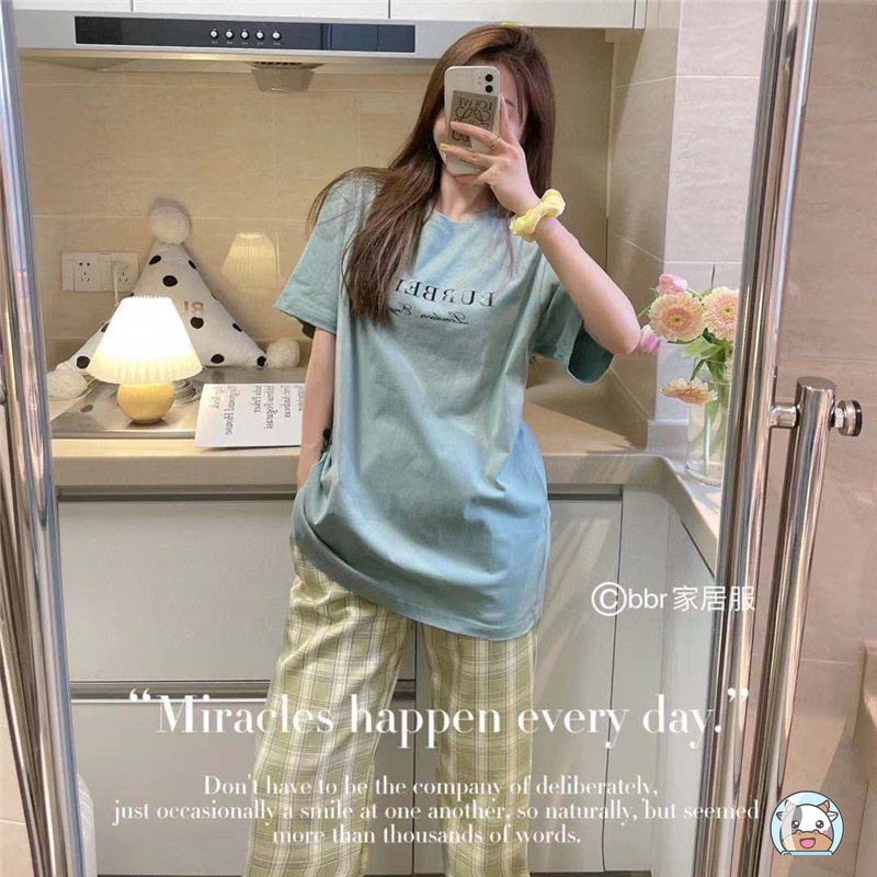Bộ Đồ Ngủ Áo Tay Ngắn Quần Dài Dáng Rộng Họa Tiết Chữ Cái Phong Cách Hàn Quốc Dành Cho Nữ