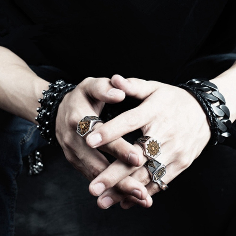 Perhiasan Totem Punk Knight Pria, Cincin Masonik Heksagonal