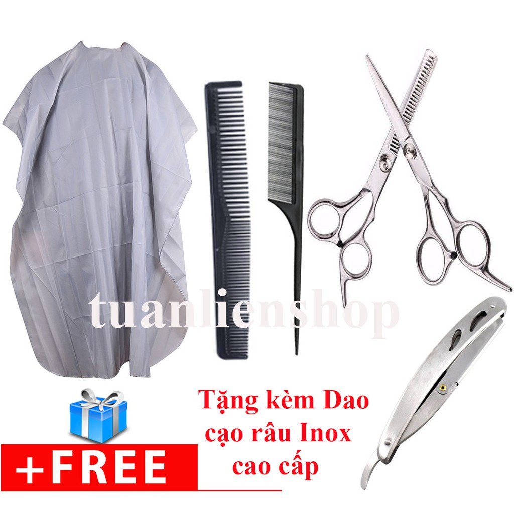 Kéo cắt tóc và tỉa tóc tặng 2 cây lược, áo choàng cắt tóc và dao cạo râu