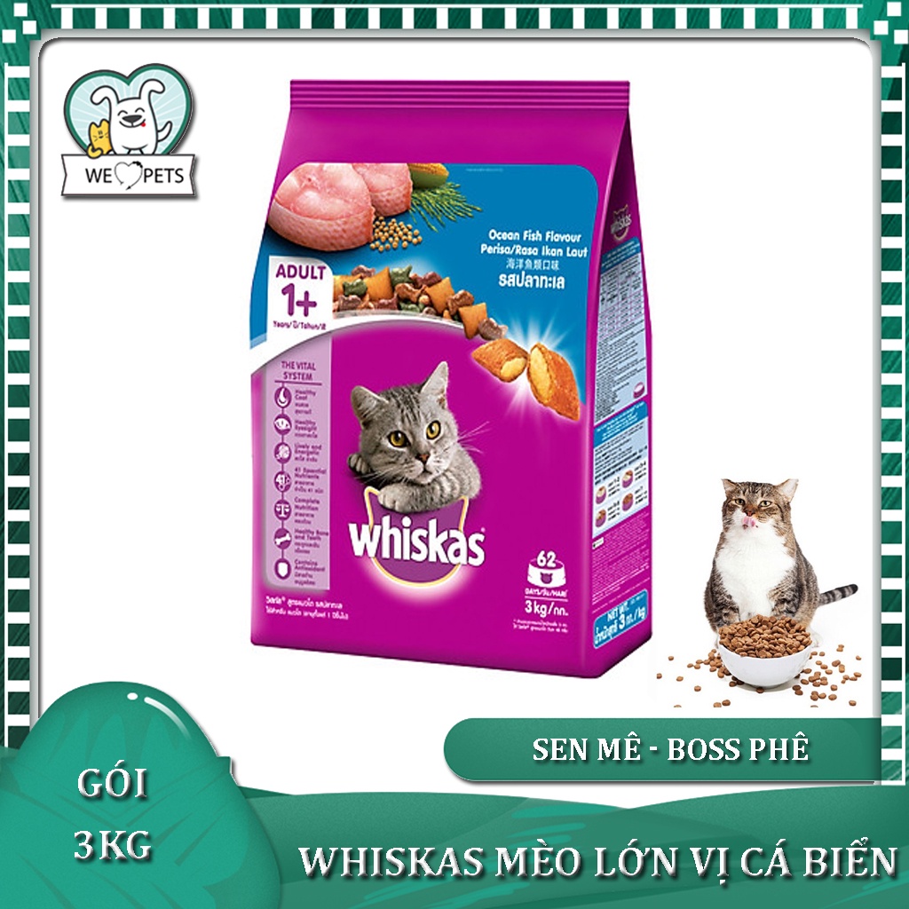 WHISKAS Thức ăn cho mèo lớn dạng hạt vị cá biển 3kg (1 túi) - Lida Pet Shop