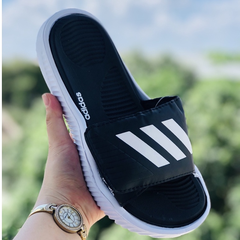 Dép Alphabounce adidas QC 🎁FREESHIP + hộp hãng🎁 quai ngang dán xé nam nữ 3 sọc QC, Alpha-đen-sọc-trắng-QC