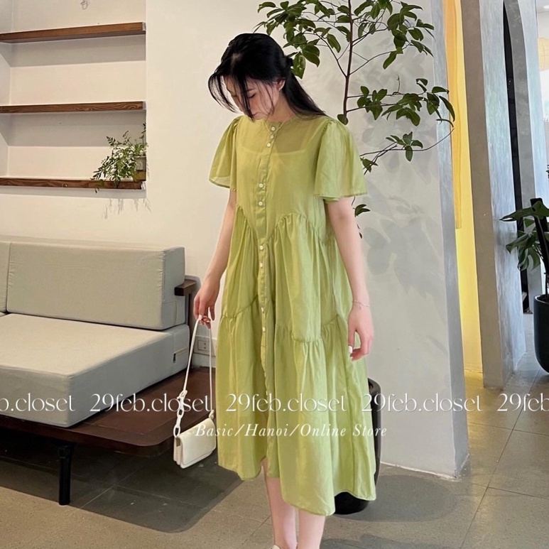 Váy đầm nữ cộc tay babydoll voan tơ xòe kèm váy 2 dây lót dáng sơ mi freesize Ylydress hồng xanh cốm maxi đi biển C962