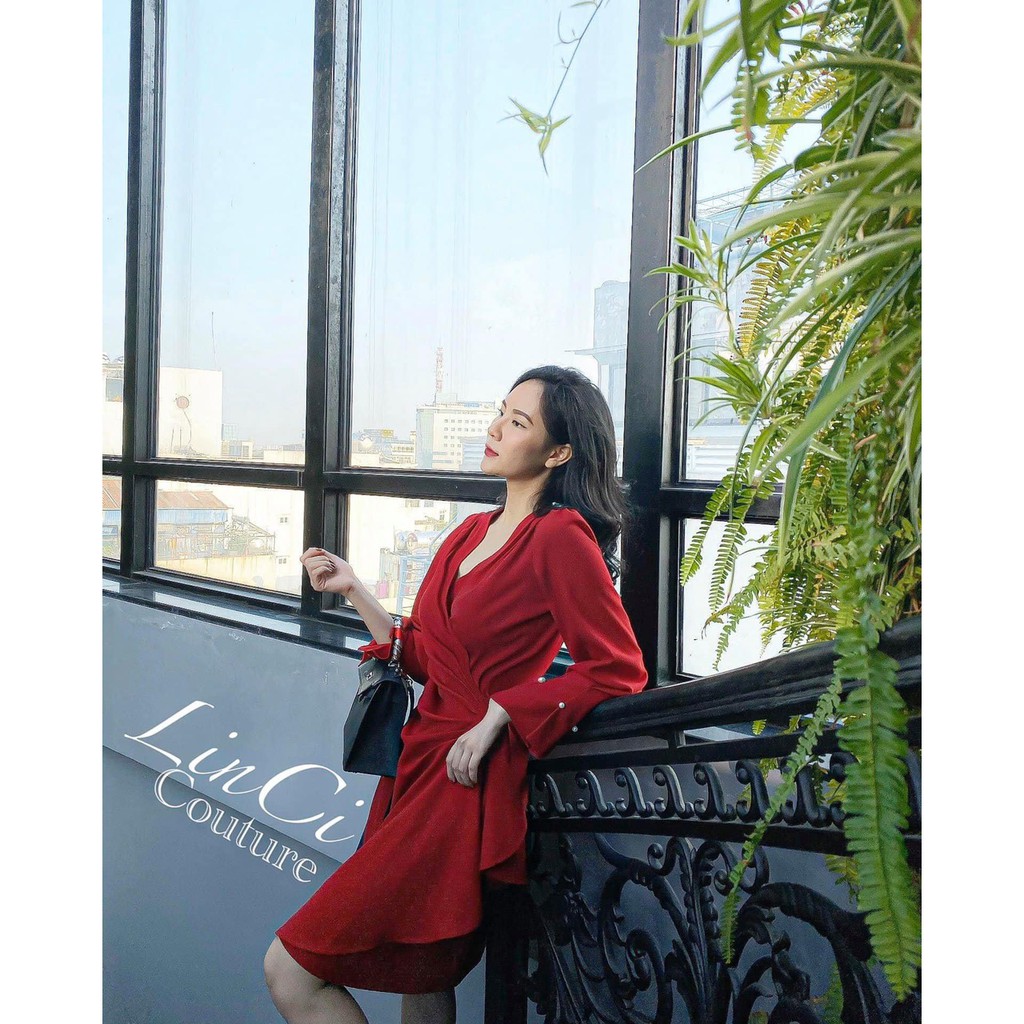 Váy vivi dress đỏ đô nhún eo, váy nhẹ nhàng thanh lịch mặc thu đông đi làm, đi chơi