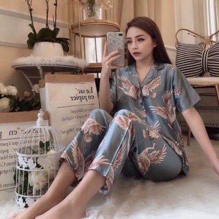 Bộ lụa satin hạt ngắn tay cao cấp