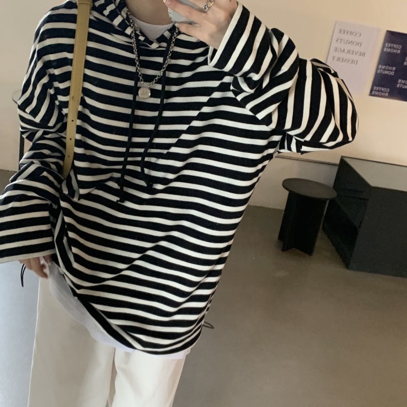 Áo hoodie tay dài dáng rộng kẻ sọc phong cách Hàn Quốc thời trang mùa thu mới 2021 cho nữ