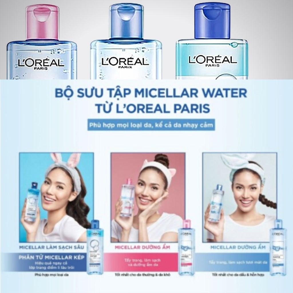 Nước Tẩy Trang L'Oreal Paris 3-in-1 Loreal Micellar Water Da Dầu,Da Nhạy Cảm,Da Khô.Sạch Sâu,Tươi Mát,Dưỡng Ẩm.