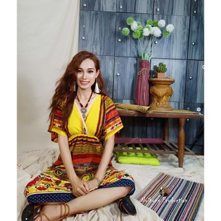 Đầm Váy Bohemian thổ cẩm maxi vintage dáng xòe quá gối đi biển đẹp xinh rẻ trung niên tay lỡ Đủ bigsize bầu bí dân tộc