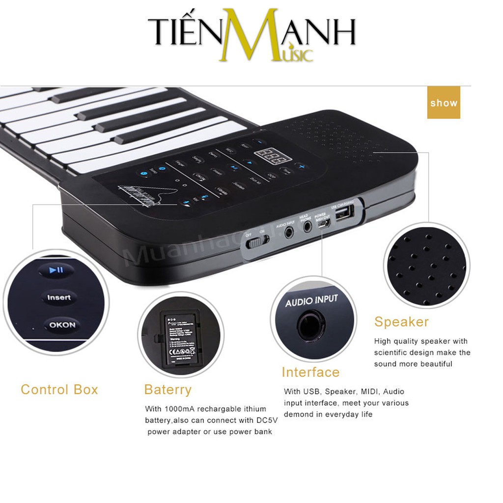 Đàn Piano 61 phím cuộn mềm dẻo Konix Flexible PA61 - Pin sạc 1000mAh