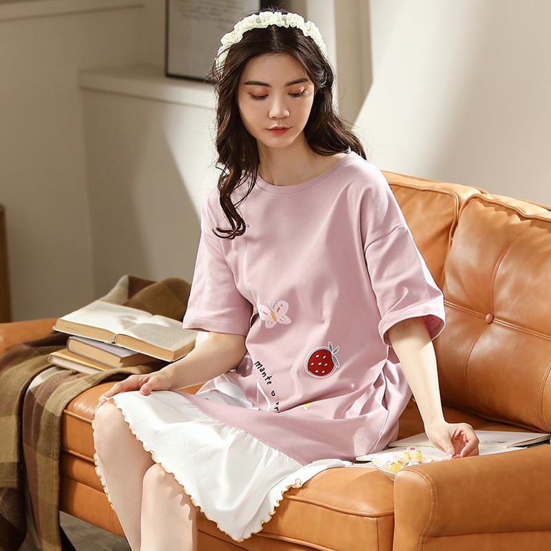 Đầm Thun Cotton Ngắn Tay Phối Ren Thời Trang Cho Nữ