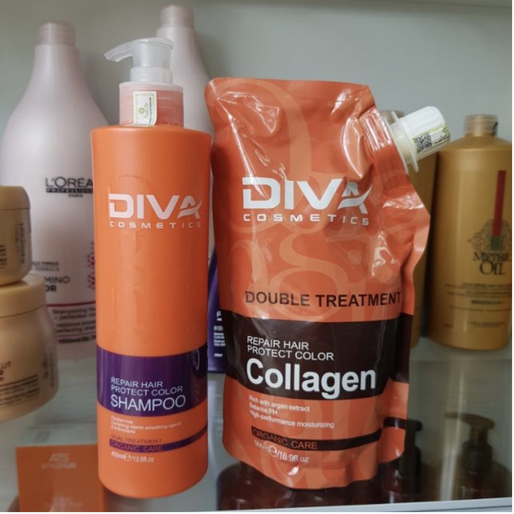 Combo gội và hấp phục hồi tóc hư tổn Diva Collagen (túi diva mới)