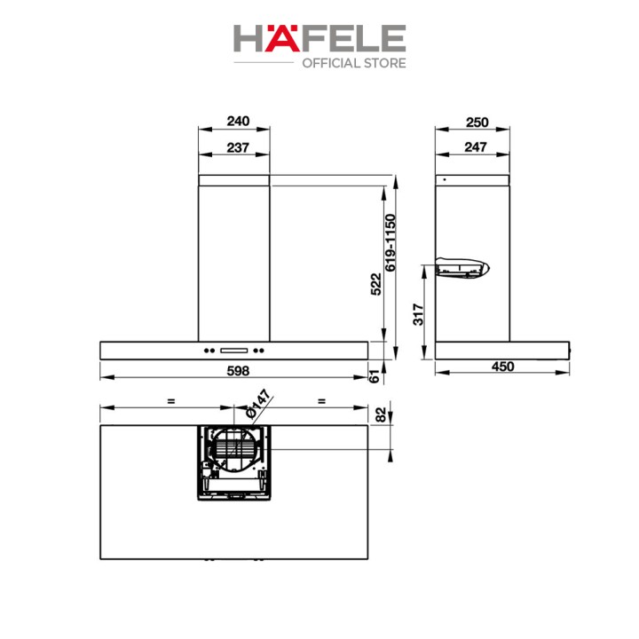 Máy Hút Mùi Gắn Tường HAFELE HH-WI60B HH-WI60B (60cm) - 539.81.173 Xuất Xứ Châu Âu Kèm Than Hoạt Tính