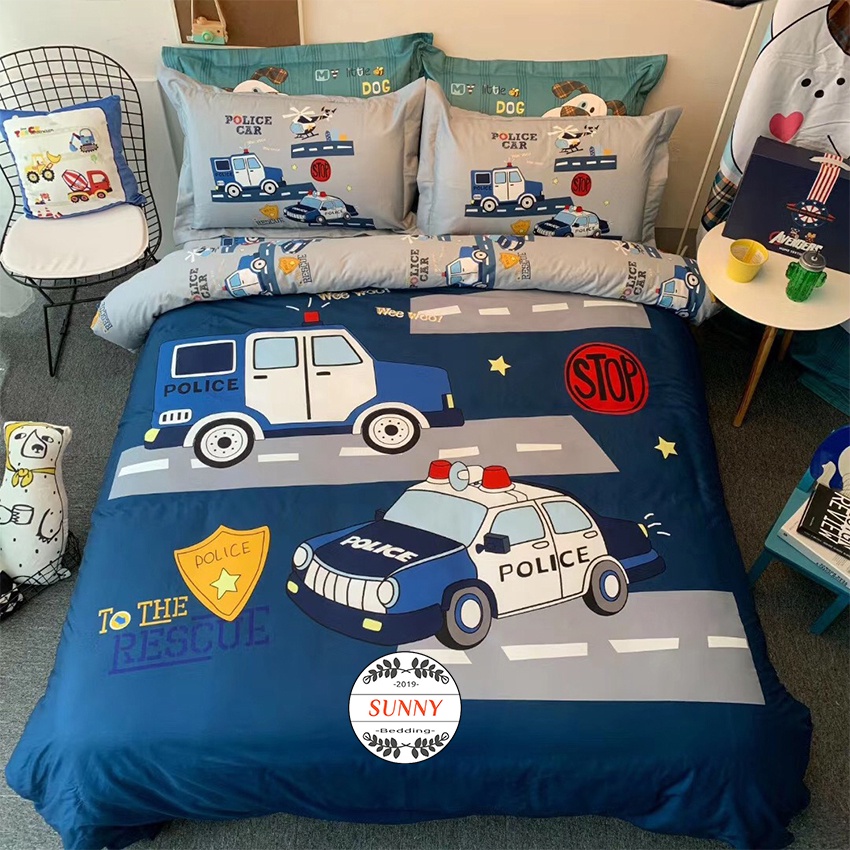 Bộ Chăn Ga Gối Cotton Disney Mẫu Xe Cảnh Sát Dày Dặn Mềm Mịn Thấm Hút Tốt Hình Ảnh 3D Sinh Động Cho Đệm 1M2 M4 M6 M8 2M