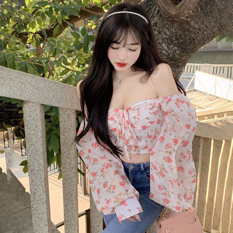 Áo Crop Top Vải Voan Tay Dài Phồng Trễ Vai In Hoa Kiểu Retro Hàn Quốc Xinh Xắn Cho Nữ