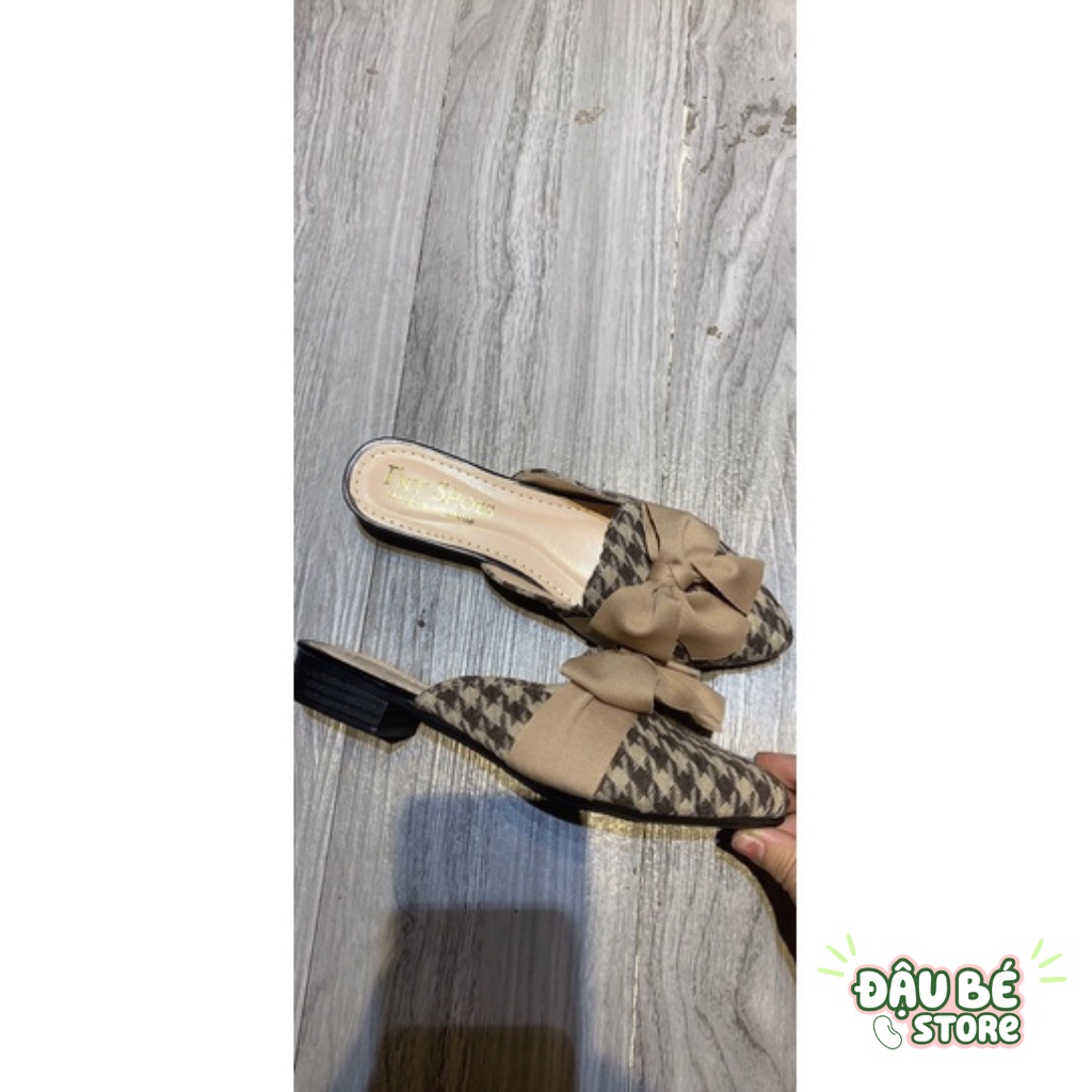 Giày Sục Nơ Caro Nâu Mũi Nhọn Thời Trang Cá Tính Nữ - Dép Sục Nữ Đế Bệt Sang Chảnh Chống Trơn Trượt - Daube - G030