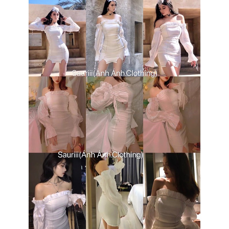 Đầm ôm body xẻ đùi sang chảnh sexy quyến rũ đi tiệc tiểu thư trễ vai tay lụa bóng cột nơ | BigBuy360 - bigbuy360.vn