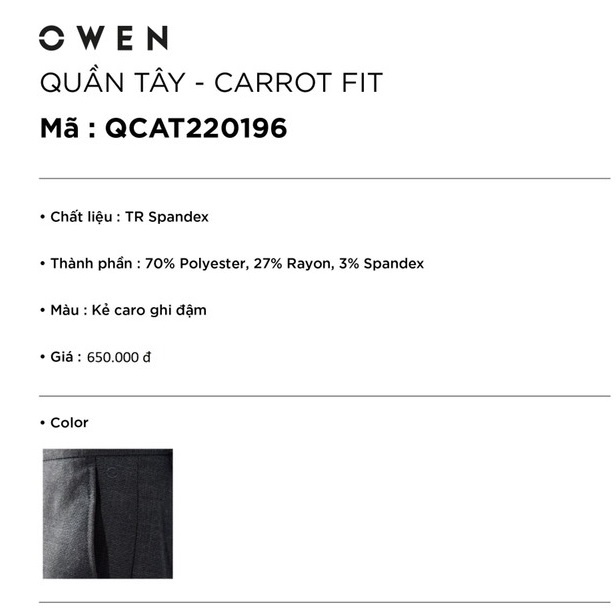 Quần âu tây nam công sở cao cấp OWEN QCAT220196 dáng carrot fit cạp chun màu màu kẻ caro ghi đậm vải polyester mềm mát