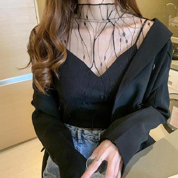 Áo Sơ Mi Tay Dài Phối Ren Lưới Mỏng Xuyên Thấu Phong Cách Hàn Quốc Thời Trang Mùa Thu Cho Nữ