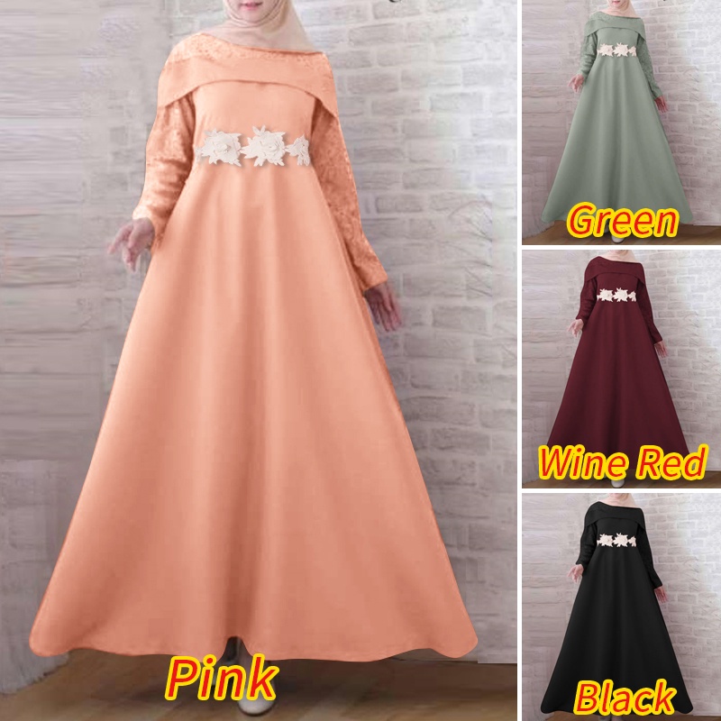 Zanzea Đầm Nữ Dài Phối Ren Lưng Thun Phong Cách Hồi Giáo Thanh Lịch
