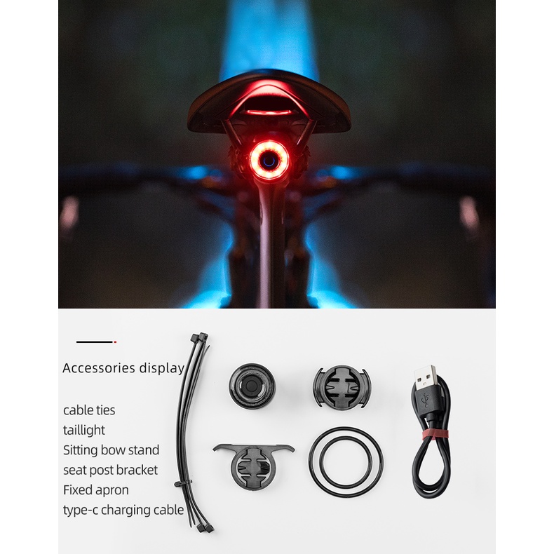 Rockbros Đèn LED Đuôi Xe Đạp Tự Động Cảm Biến Thông Minh Chống Thấm Nước Có Thể Sạc Lại