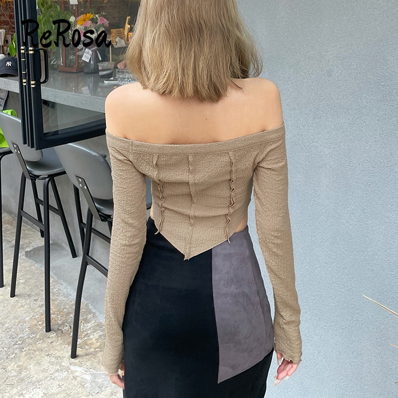 Áo thun tay dài hở vai cổ yếm màu trơn phong cách  cho nữ