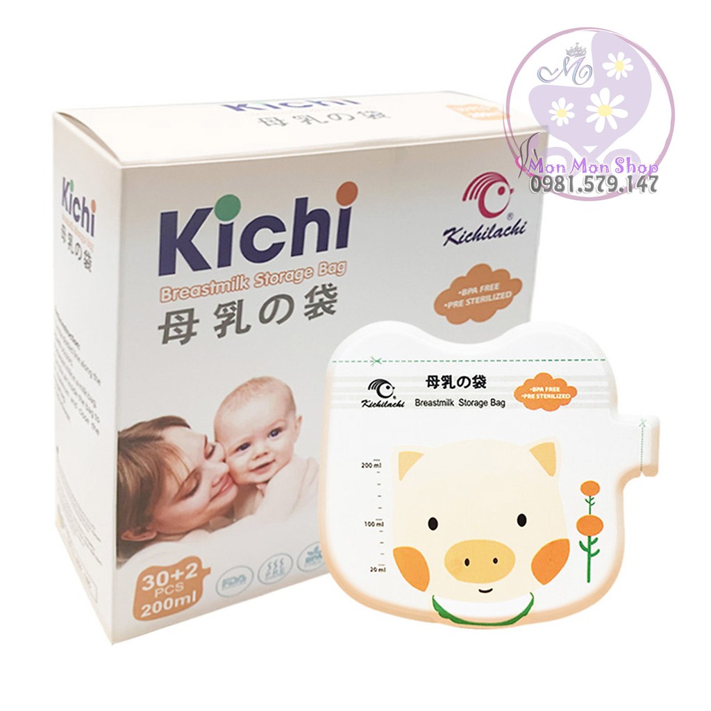 Túi trữ sữa, đựng sữa mẹ Kichilachi 200ml hình bé heo siêu dễ thương BPA free thương hiệu Nhật Bản