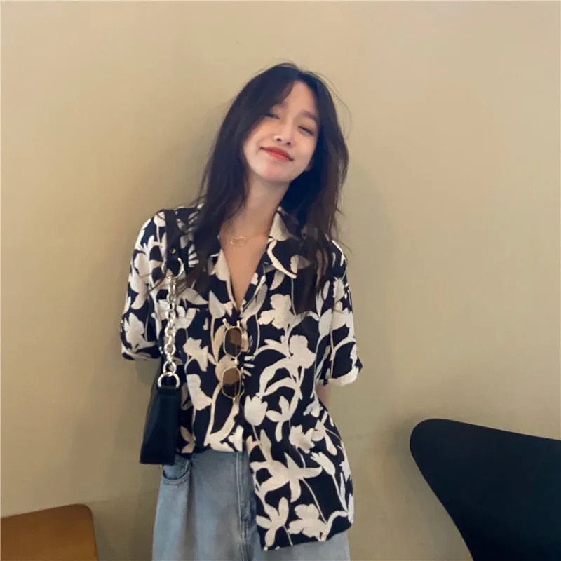 Áo sơ mi tay ngắn họa tiết hoa phong cách retro thời trang dành cho nữ