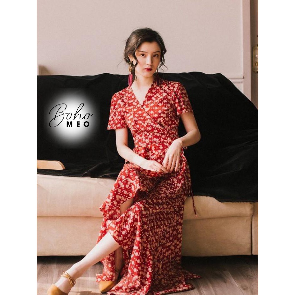 Váy cam đất hoa nhí trắng dây xỏ thắt eo