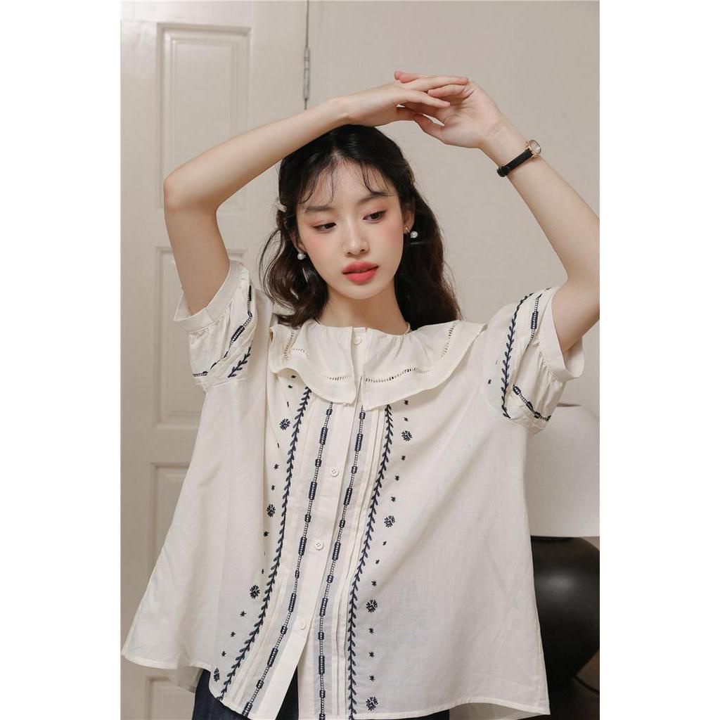 Áo Sơ Mi Ngắn Tay Họa Tiết Thêu Phong Cách Retro Mùa Hè Kiểu Mới 64213