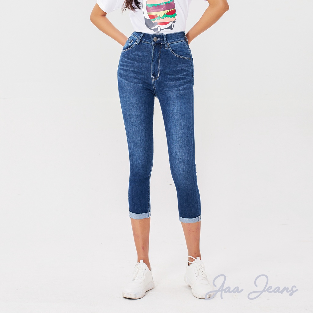 Quần Jean Nữ Xắn Gấu Skinny Aaa Jeans Lưng Cao Ocean Blue