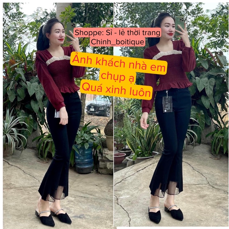 Quần bò thô skindy loe phối ren đẹp, hàng chuẩn đẹp có ảnh thật shop chụp
