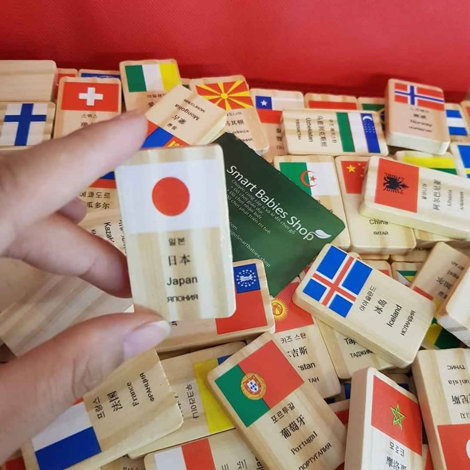 [Mã LIFETOYS1 giảm 30K đơn 99K] Bộ domino cờ 100 quốc gia bằng gỗ 4 thứ tiếng