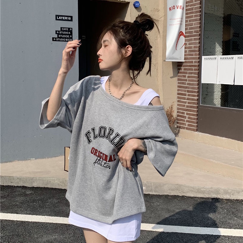 Áo Thun Rớt Vai Dáng Rộng Ngắn Tay In Chữ Phong Cách Mỹ 2022 Thời Trang Nữ
