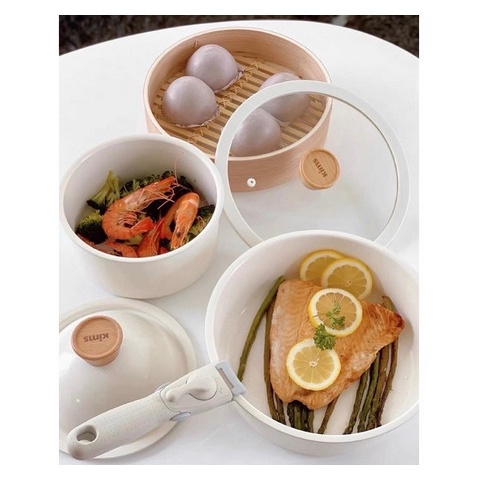 Bộ Nồi Chảo Chống Dính Men Đá Kèm Xửng Hấp KimsCook Tay Cầm Tháo Rời -