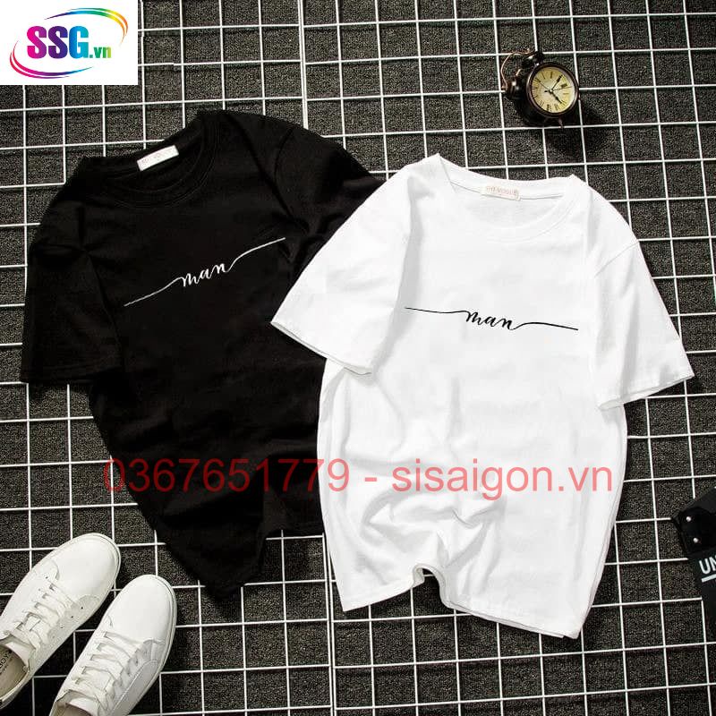 Áo thun trắng đen unisex form rộng nam nữ chữ kiều MAN vải dày mịn