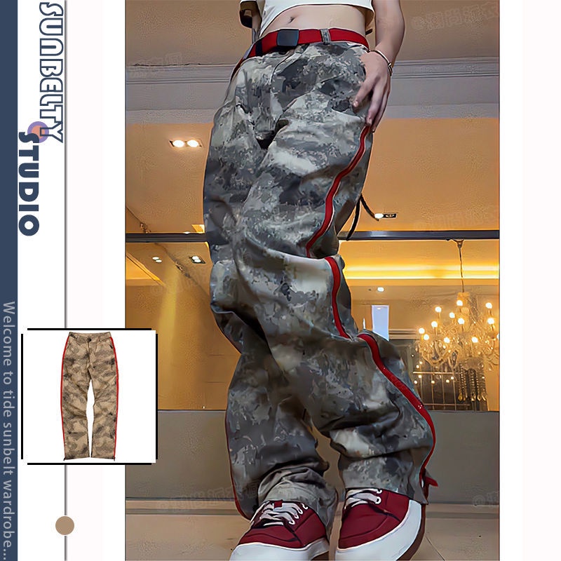 Quần Dài Ống Rộng Họa Tiết Rằn Ri Phối Khóa Kéo Phong Cách Retro Cá Tính