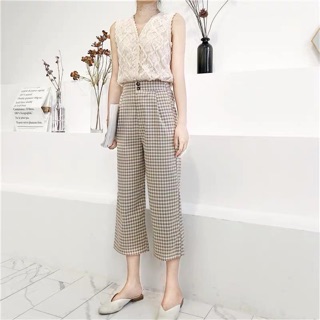 Set áo ren + quần kẻ hàn xẻng