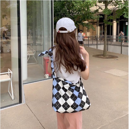 Túi tote đeo chéo nam nữ caro vải canvas phong cách ulzzang unisex đi học đi chơi